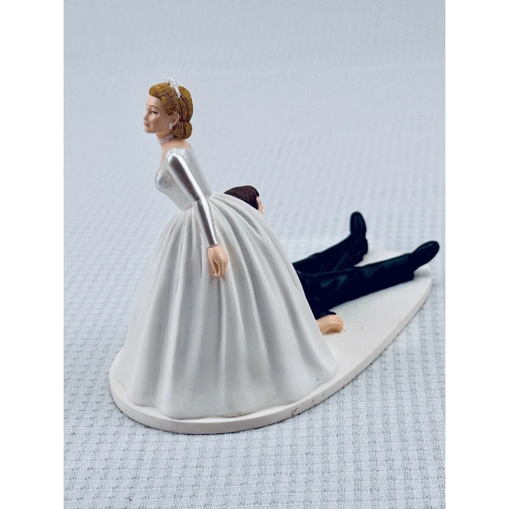 Funny Bride Dragging Groom Wedding Cake Topper Novelty Resin Figurine